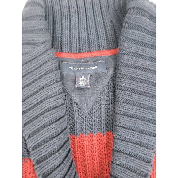 Vintage Hilfiger Mens Medium Rugby Striped Grandpa Chunky Cable Knit Cardigan - Picture 2 of 11